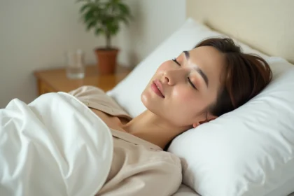 Femme adulte allongée sur un lit confortable, en pyjama léger, dans une chambre minimaliste aux tons neutres, sommeil paisible et relaxation nocturne