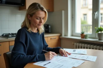 Femme consultant des documents administratifs pour sa demande de prime rénov à domicile