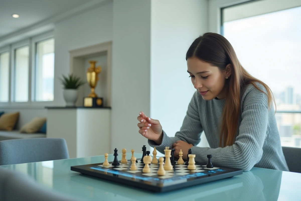 Jeune femme passionnée d'échecs utilisant un plateau électronique moderne pour progresser en solitaire dans un environnement minimaliste et lumineux