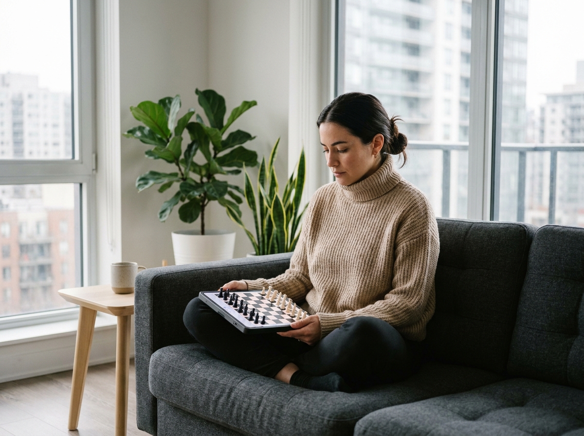 Femme jouant sur un appareil d'échecs électronique portable dans son salon, amélioration aux jeux d'échecs en solo