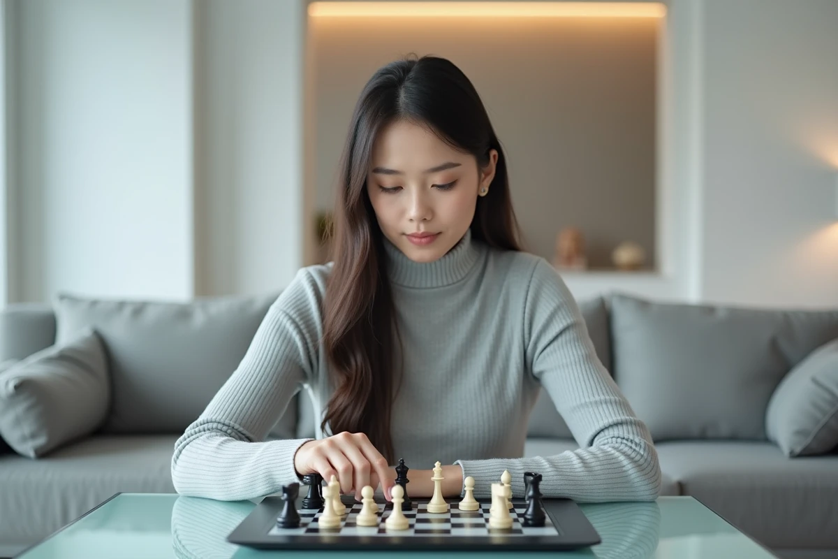 Jeune femme jouant aux échecs numériques sur ordinateur tactile dans un salon minimaliste