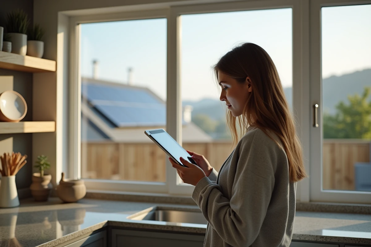 Femme vérifiant les économies d'énergie de ses panneaux solaires sur tablette dans sa maison moderne
