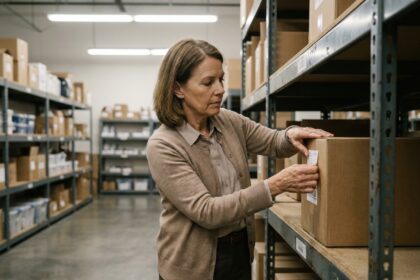 Femme entrepreneur organisant des cartons avec étiquettes adhésives dans un entrepôt professionnel, démontrant l'organisation efficace des stocks grâce à un étiquetage bien pensé