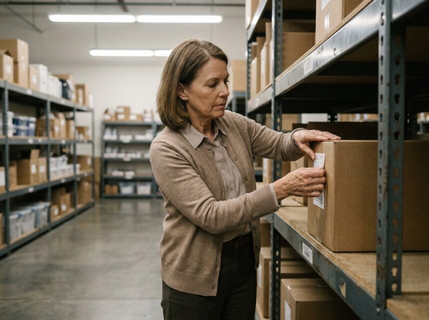 Femme entrepreneur organisant des cartons avec étiquettes adhésives dans un entrepôt professionnel, démontrant l'organisation efficace des stocks grâce à un étiquetage bien pensé