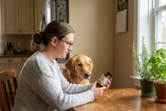 Femme examinant un flacon de complément alimentaire pour chien à côté de son golden retriever dans une cuisine lumineuse