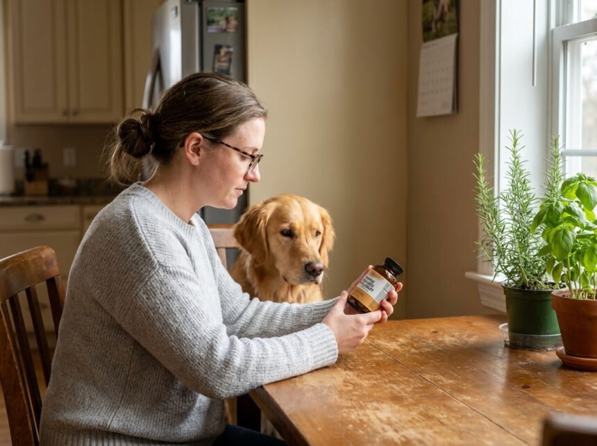 Femme examinant un flacon de complément alimentaire pour chien à côté de son golden retriever dans une cuisine lumineuse