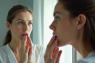Femme examinant un bouton de fièvre sur sa lèvre dans un miroir avec préoccupation