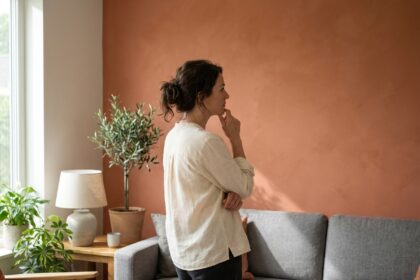 Femme observant le mur peint en terre cuite d'un salon moderne, démontrant l'impact des couleurs murales sur l'ambiance intérieure