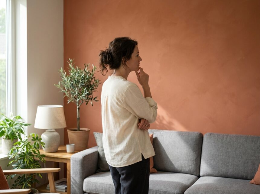 Femme observant le mur peint en terre cuite d'un salon moderne, démontrant l'impact des couleurs murales sur l'ambiance intérieure