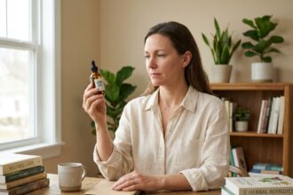 Femme d'âge moyen examinant une bouteille d'huile CBD à son bureau dans un environnement wellness calme et organisé