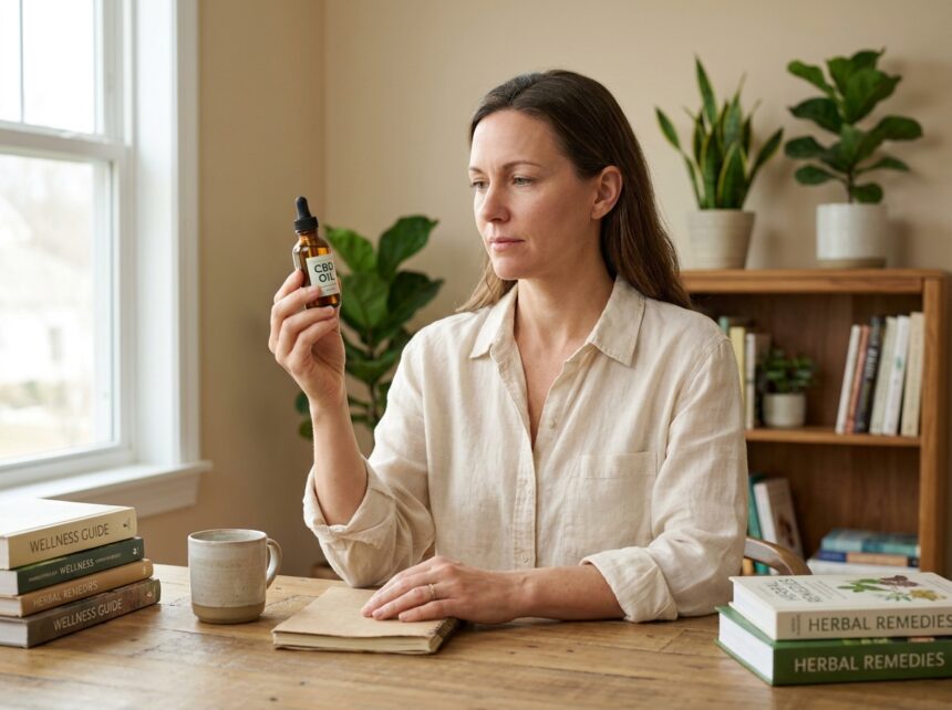 Femme d'âge moyen examinant une bouteille d'huile CBD à son bureau dans un environnement wellness calme et organisé
