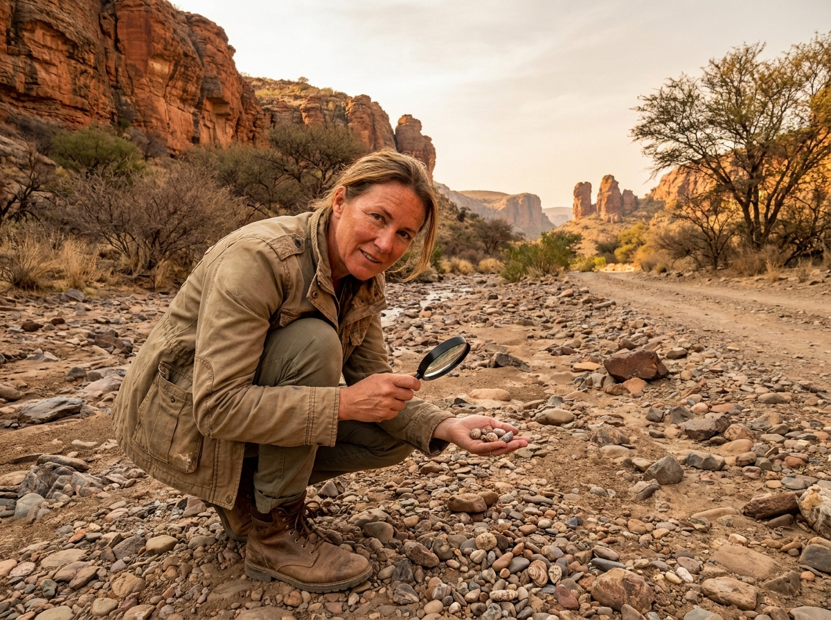 Femme aventurière explorant un lit de rivière asséché dans le désert de Namibie avec formations rocheuses rouges