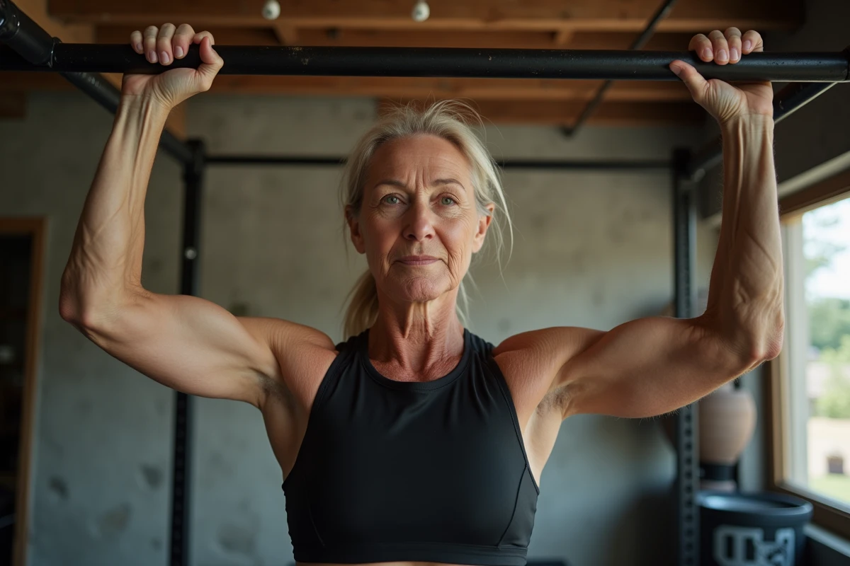 femme mature effectuant une traction assistée montrant l'équilibre entre entraînement profond et acceptation naturelle du vieillissement