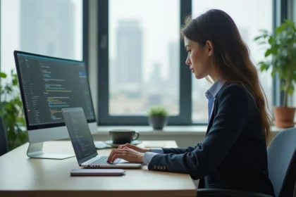 Femme professionnelle travaillant sur l'intelligence artificielle devant un ordinateur portable dans un bureau moderne avec vue sur la ville