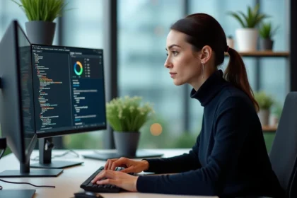 femme professionnel suivant une formation en intelligence artificielle devant moniteurs avec code et interface IA