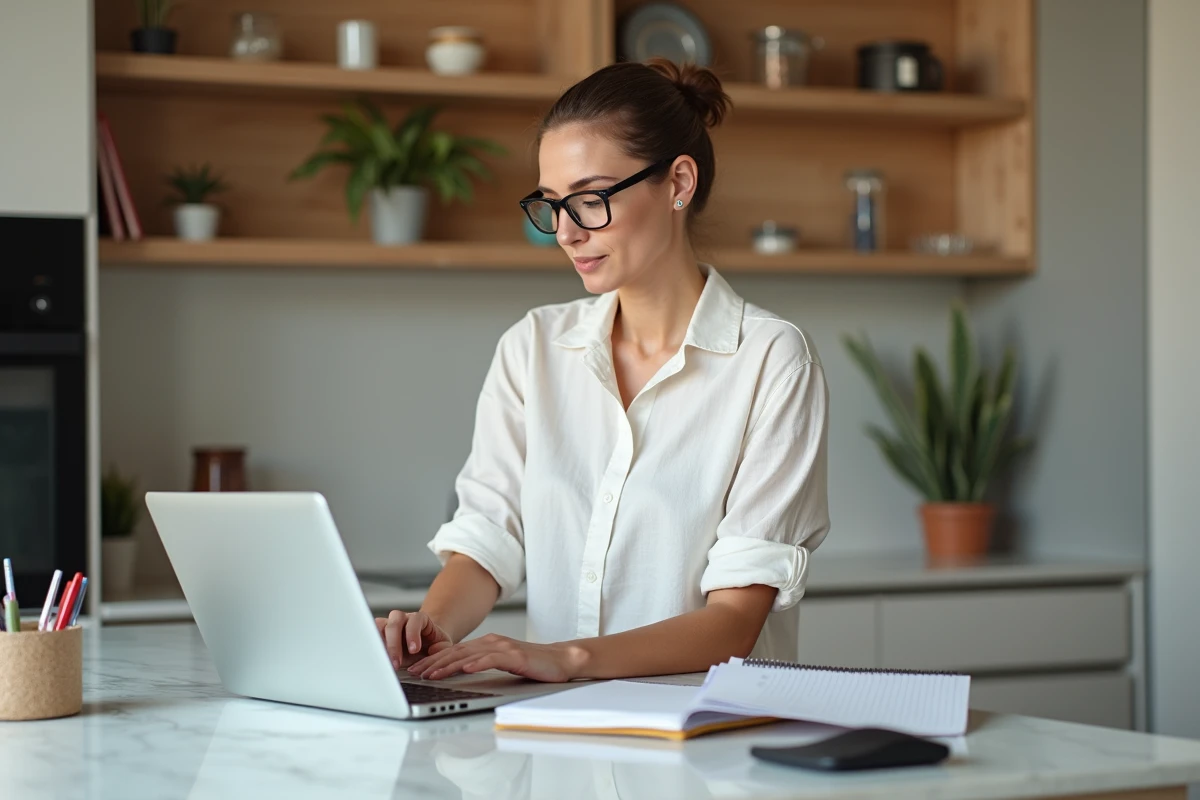 Femme d'affaires travaillant depuis sa cuisine sur une plateforme freelance pour gagner de l'argent en ligne