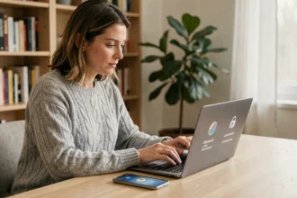 Femme utilisant un gestionnaire de mots de passe sur ordinateur portable et smartphone dans un bureau à domicile moderne
