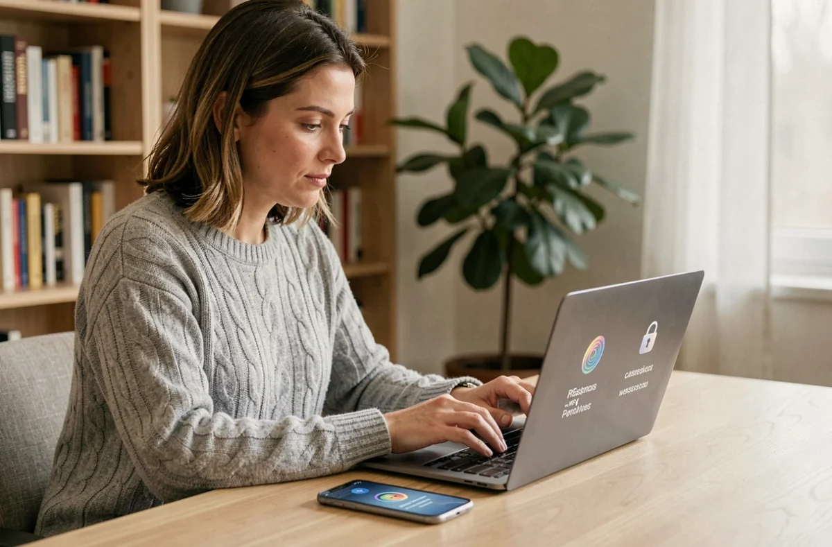 Femme utilisant un gestionnaire de mots de passe sur ordinateur portable et smartphone dans un bureau à domicile moderne