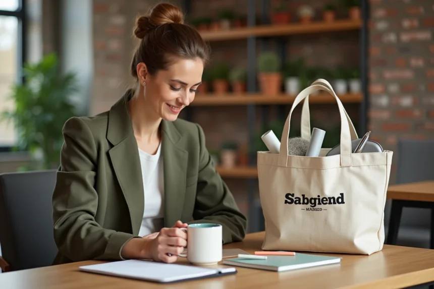 Femme d'affaires inspectant des goodies personnalisés dans un bureau moderne avec sac fourre-tout, mug et carnet brandés