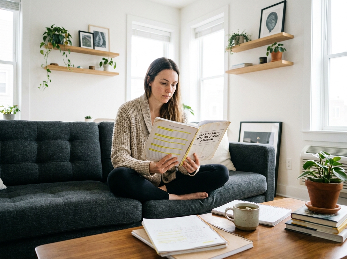 femme lisant guide sevrage cannabis dans salon calme et organisé pour arrêter progressivement