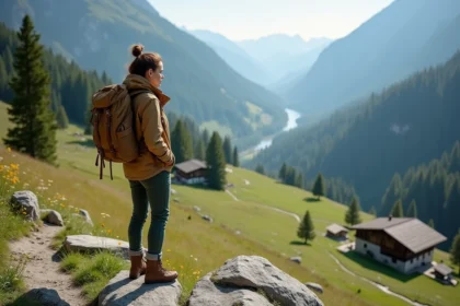 Femme randonneuse contemplant une vallée de montagne préservée avec forêts de pins et chalets traditionnels