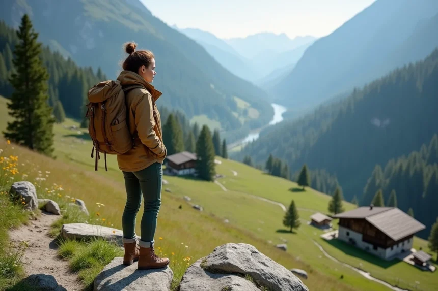 Femme randonneuse contemplant une vallée de montagne préservée avec forêts de pins et chalets traditionnels