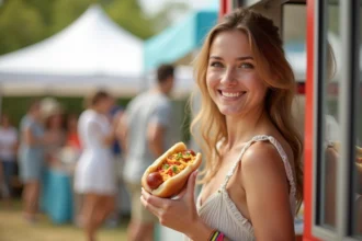 jeune femme souriante tenant un hot dog frais lors d'un événement en plein air avec machine à hot dog en arrière-plan