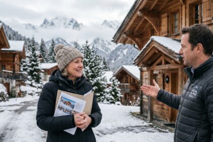 Femme souriante avec brochures immobilières devant chalet alpin
