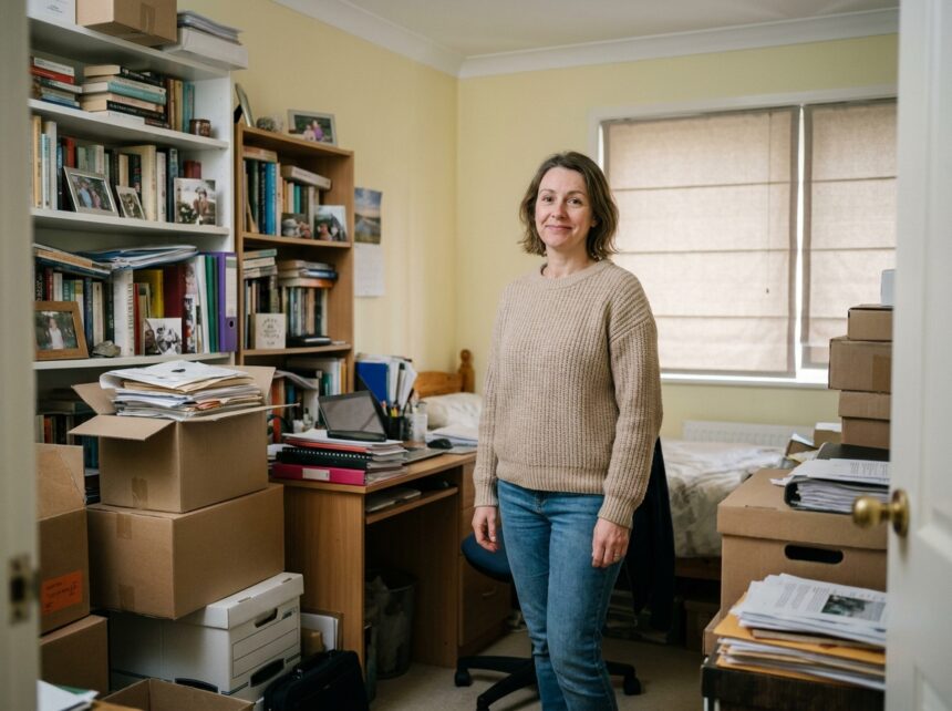 Femme dans un intérieur encombré avec des cartons de rangement empilés et des étagères débordantes de affaires personnelles