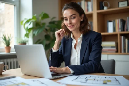 Femme investisseuse immobilière consultant des documents et un ordinateur portable dans un bureau moderne, solution clé en main ImAvenir