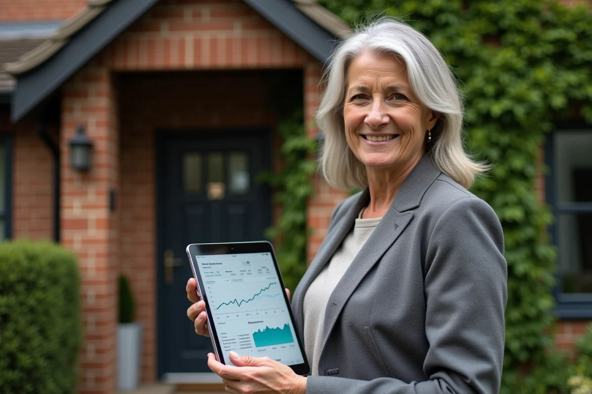 Femme investisseur consultant des données d'analyse sur tablette devant une maison résidentielle avec jardin paysagé