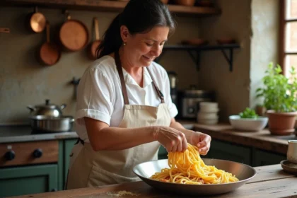 femme italienne cuisinant des pâtes carbonara dans une cuisine rustique avec du guanciale et des œufs