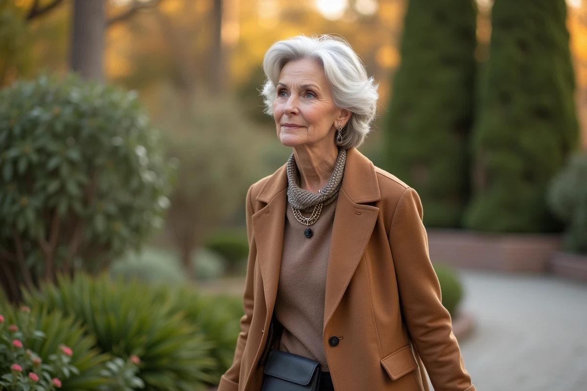 Femme élégante marchant dans un jardin botanique avec une apparence naturelle et raffinée, démontrant un lifting facial très discret