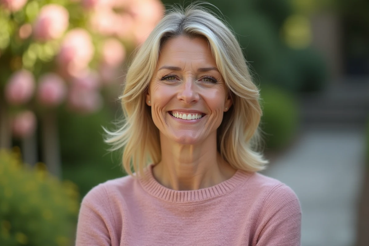 Femme aux traits subtilement affinés souriante dans un jardin fleuri, portant un pull en cachemire, exprimant beauté naturelle et raffinement discret