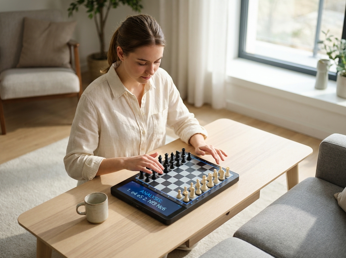 Jeune femme analyste jouant aux échecs électroniques sur table moderne avec interface numérique