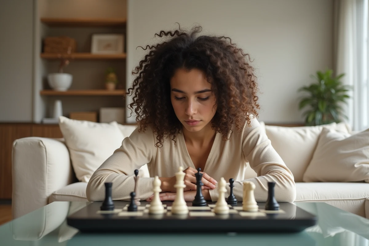 Femme jeune jouant à un jeu d'échecs électronique sur table basse, concentrée dans un salon lumineux et moderne