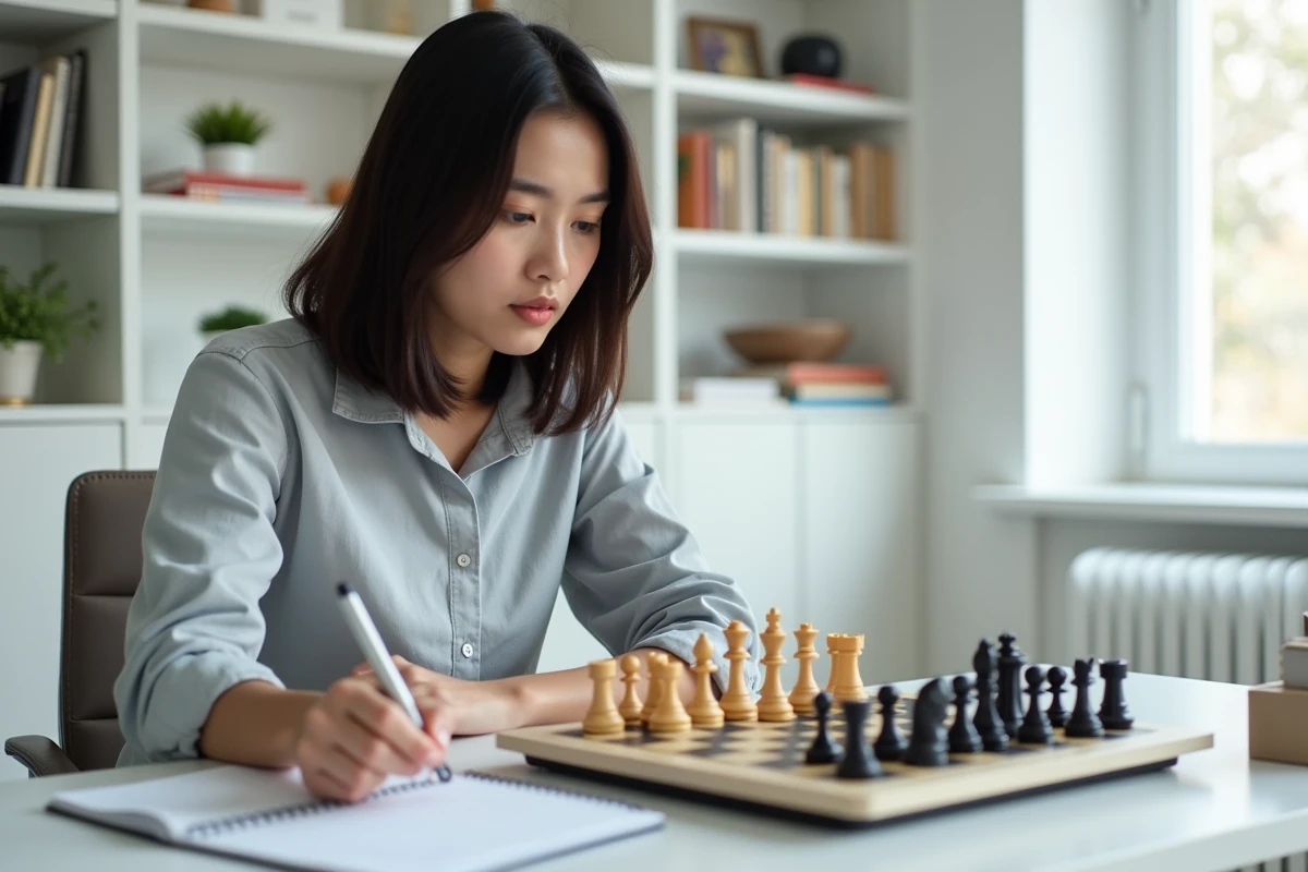 Une jeune femme studieuse devant un ordinateur d'échecs électronique dans un salon moderne blanc et minimaliste, avec des notes de stratégie et des livres d'apprentissage d'échecs autour d'elle