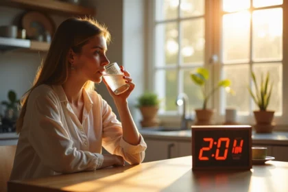 Femme buvant de l'eau le matin pendant le jeûne intermittent avec horloge digitale