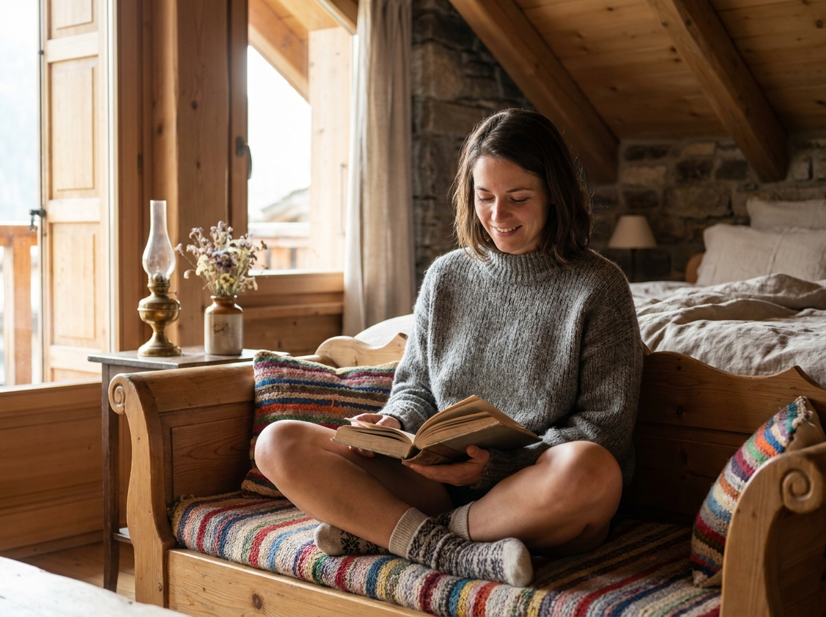 Jeune femme lisant dans une chambre de chalet cosy avec poutres en bois et murs en pierre authentique