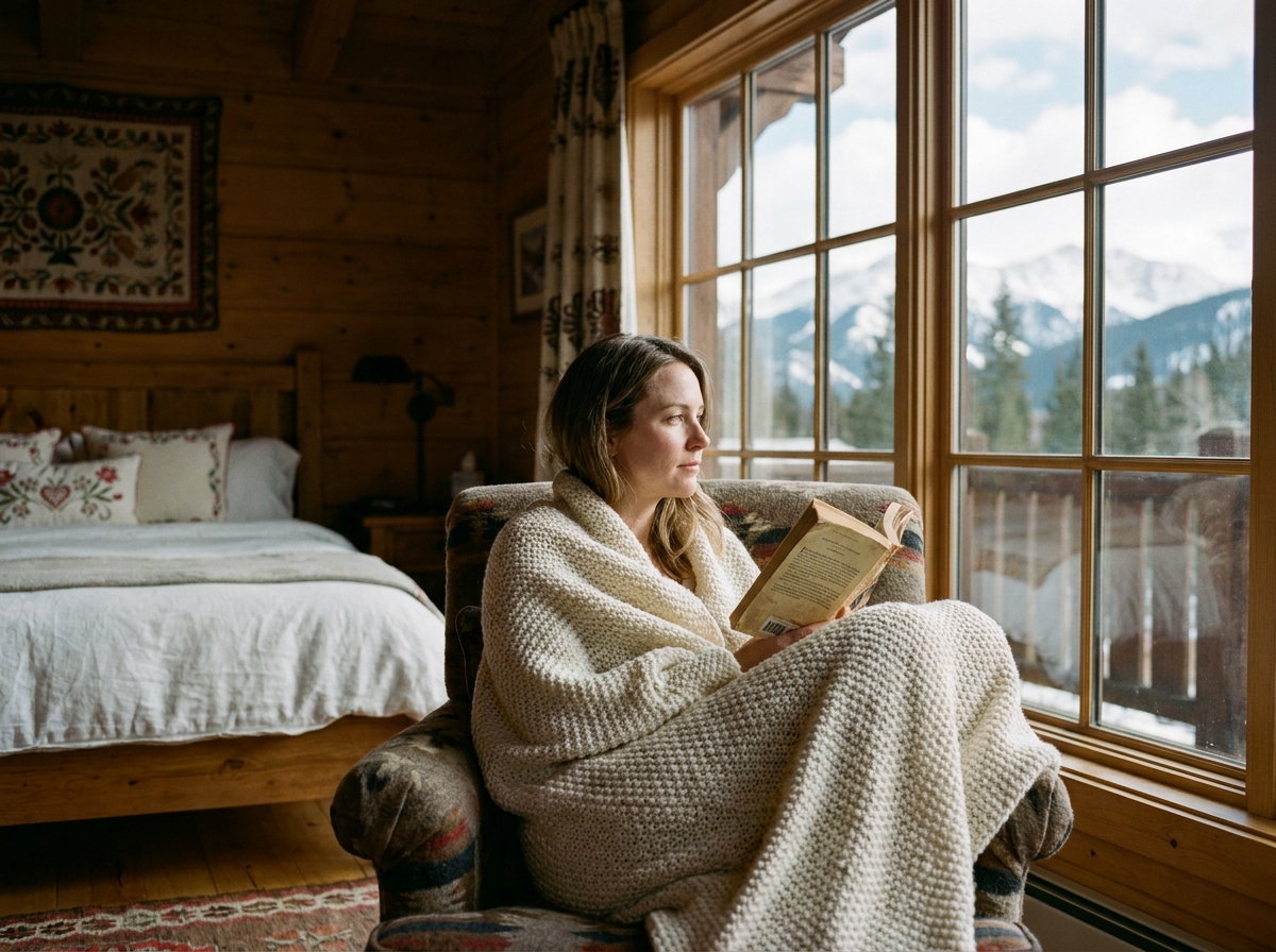 Femme relaxant dans un fauteuil confortable face à la fenêtre d'une chambre de chalet avec vue montagne