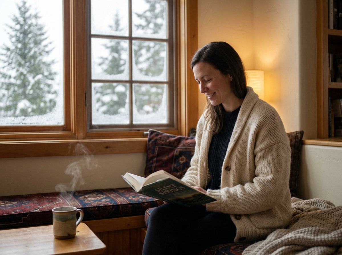 Femme lecture fenêtre chalet neige moment calme vacances ski solitaire