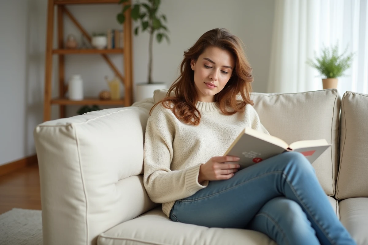 Femme relisant La Semaine de 4 heures confortablement assise sur un canapé salon
