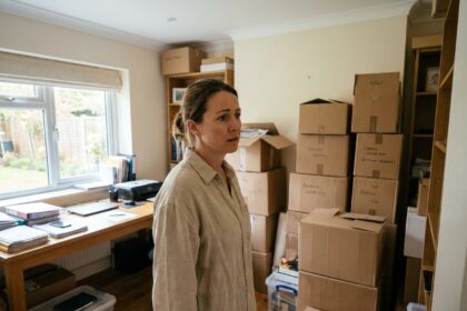 Femme dans une maison encombrée entourée de cartons de stockage débordant du sol au plafond, illustrant le besoin de louer un box de rangement à Rennes