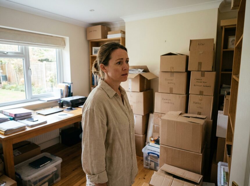 Femme dans une maison encombrée entourée de cartons de stockage débordant du sol au plafond, illustrant le besoin de louer un box de rangement à Rennes