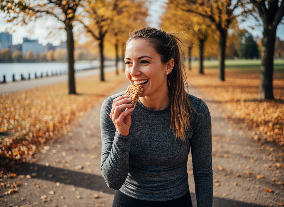 Femme sportive souriante en extérieur en train de manger une barre protéinée
