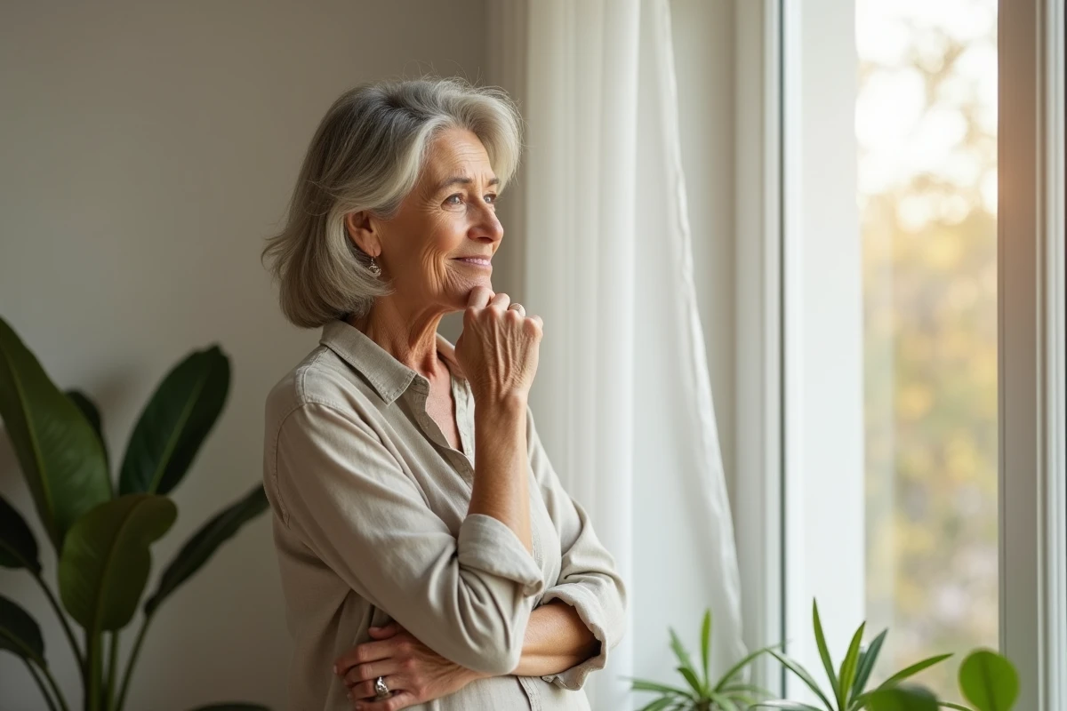 Portrait introspectif d'une femme mature réfléchissant aux choix entre chirurgie esthétique et médecine esthétique