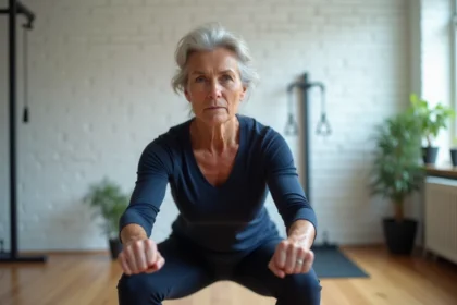 femme mûre effectuant un squat profond avec technique correcte dans un studio de gym minimaliste, démontrant l'équilibre entre entraînement intensif et vieillissement naturel