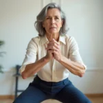 Femme mature pratiquant un squat profond en salle de sport moderne, démontrant une bonne forme physique et un équilibre entre renforcement musculaire et vieillissement naturel