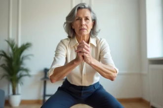 Femme mature pratiquant un squat profond en salle de sport moderne, démontrant une bonne forme physique et un équilibre entre renforcement musculaire et vieillissement naturel