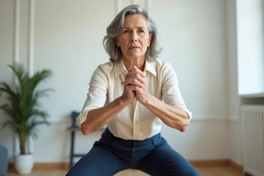 Femme mature pratiquant un squat profond en salle de sport moderne, démontrant une bonne forme physique et un équilibre entre renforcement musculaire et vieillissement naturel